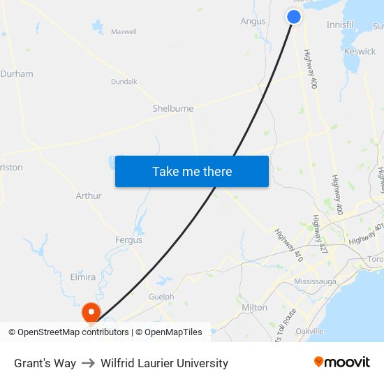 Grant's Way to Wilfrid Laurier University map