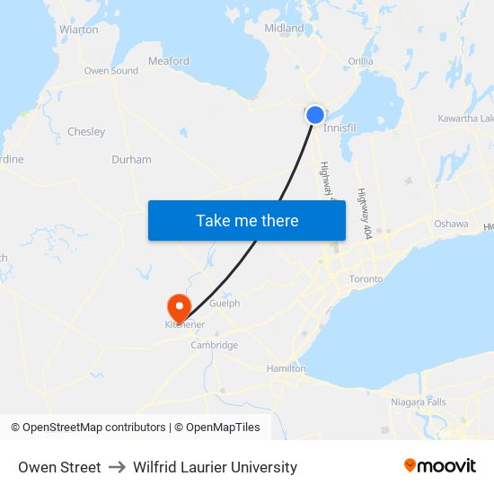 Owen Street to Wilfrid Laurier University map