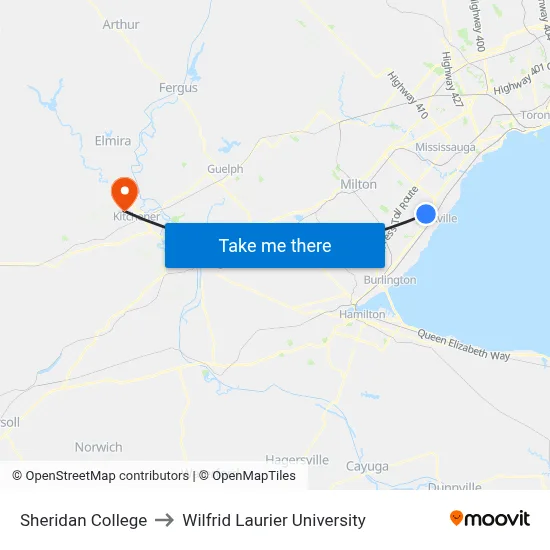 Sheridan College to Wilfrid Laurier University map