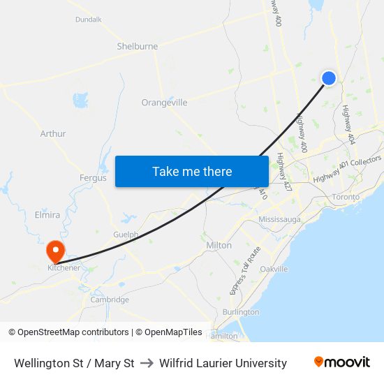 Wellington St / Mary St to Wilfrid Laurier University map