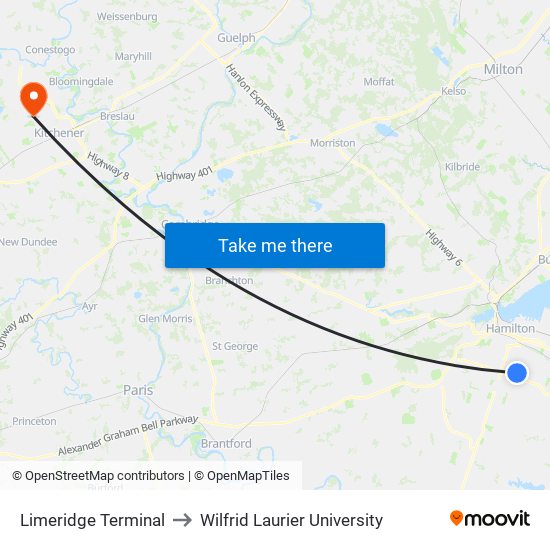Limeridge Terminal to Wilfrid Laurier University map