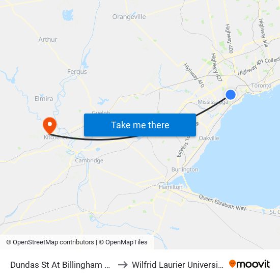Dundas St At Billingham Rd to Wilfrid Laurier University map