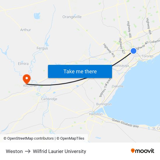 Weston to Wilfrid Laurier University map