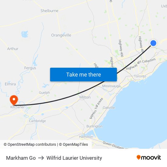 Markham Go to Wilfrid Laurier University map