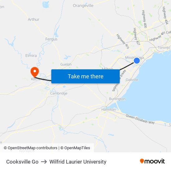 Cooksville Go to Wilfrid Laurier University map