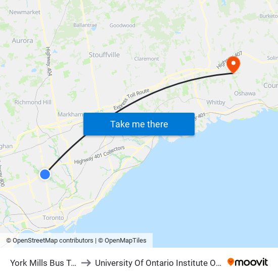 York Mills Bus Terminal to University Of Ontario Institute Of Technology map