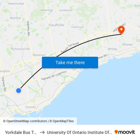 Yorkdale Bus Terminal to University Of Ontario Institute Of Technology map