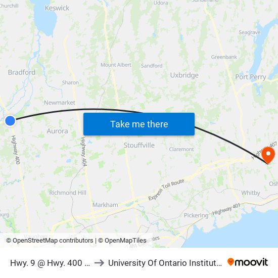 Hwy. 9 @ Hwy. 400 Park & Ride to University Of Ontario Institute Of Technology map