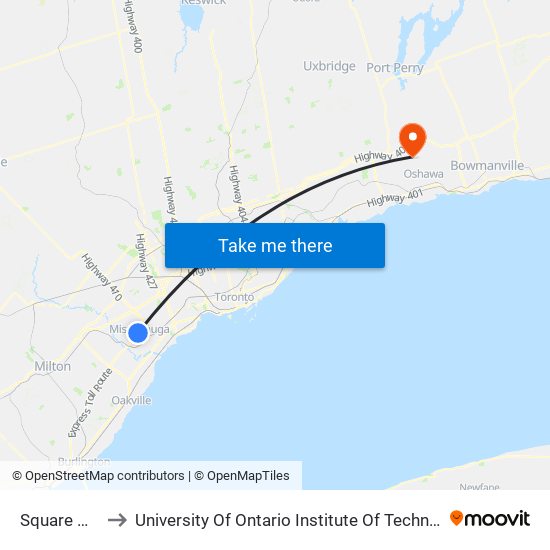 Square One to University Of Ontario Institute Of Technology map