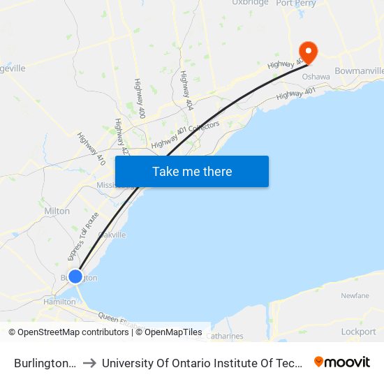Burlington Go to University Of Ontario Institute Of Technology map