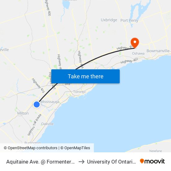 Aquitaine Ave. @ Formentera Ave. (Meadowvale Town Centre) to University Of Ontario Institute Of Technology map