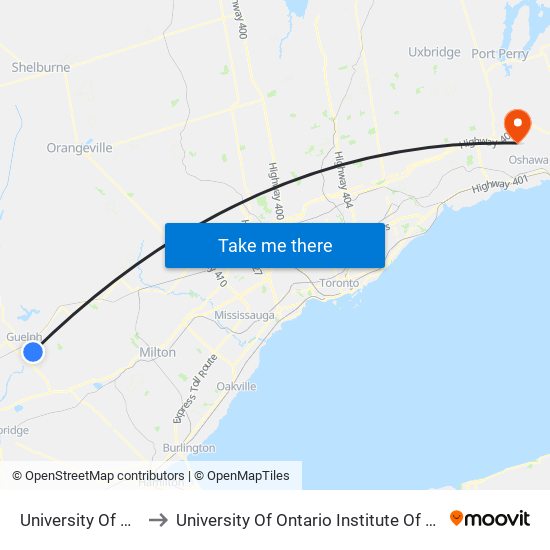 University Of Guelph to University Of Ontario Institute Of Technology map