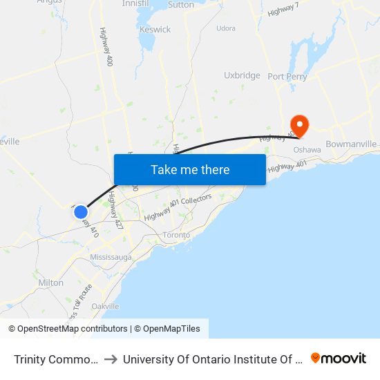 Trinity Common Mall to University Of Ontario Institute Of Technology map