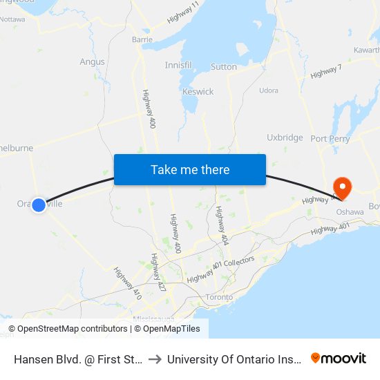 Hansen Blvd. @ First St. (Orangeville Mall) to University Of Ontario Institute Of Technology map