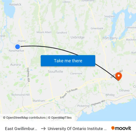 East Gwillimbury Go Bus to University Of Ontario Institute Of Technology map