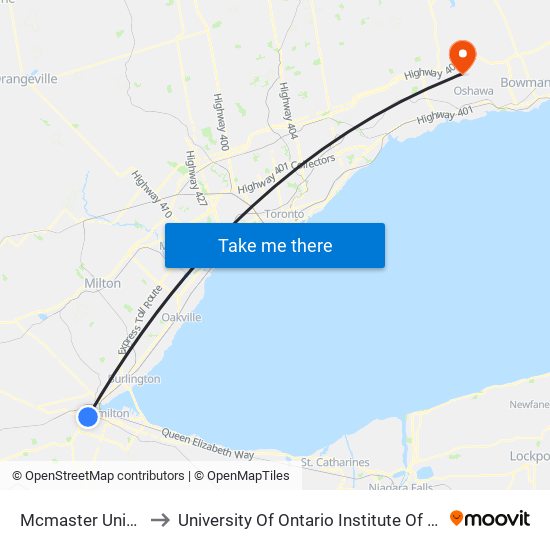 Mcmaster University to University Of Ontario Institute Of Technology map