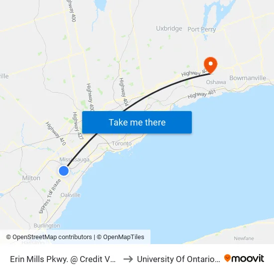 Erin Mills Pkwy. @ Credit Valley Rd. (Credit Valley Hospital) to University Of Ontario Institute Of Technology map