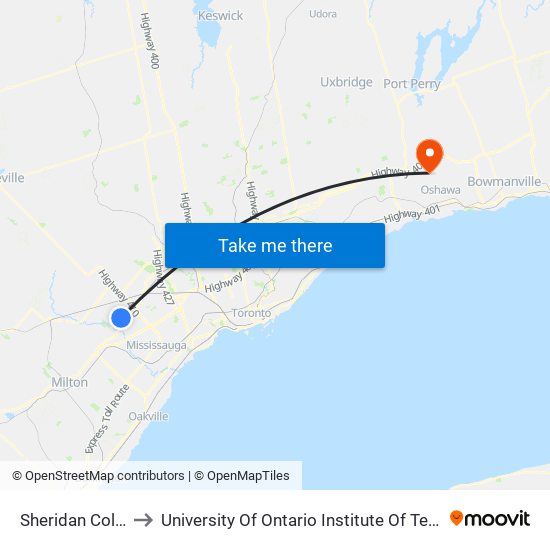 Sheridan College to University Of Ontario Institute Of Technology map