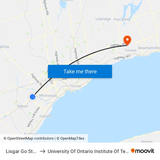 Lisgar Go Station to University Of Ontario Institute Of Technology map