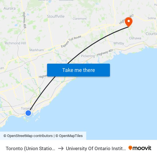 Toronto (Union Station Bus Terminal) to University Of Ontario Institute Of Technology map