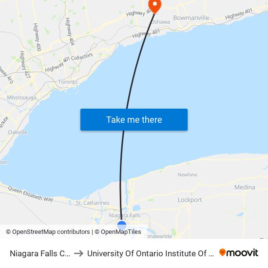 Niagara Falls Canada to University Of Ontario Institute Of Technology map