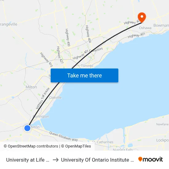 University at Life Sciences to University Of Ontario Institute Of Technology map
