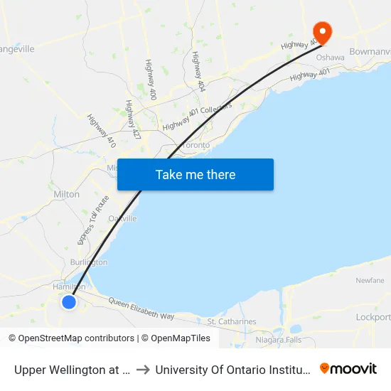 Upper Wellington at Meadowlark to University Of Ontario Institute Of Technology map