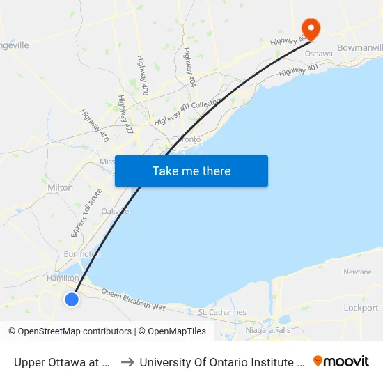 Upper Ottawa at Limeridge to University Of Ontario Institute Of Technology map