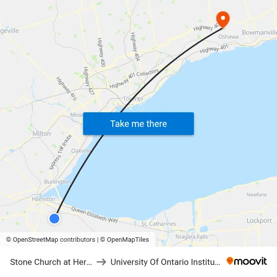 Stone Church at Heritage Greene to University Of Ontario Institute Of Technology map