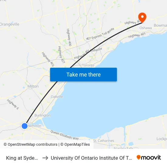 King at Sydenham to University Of Ontario Institute Of Technology map