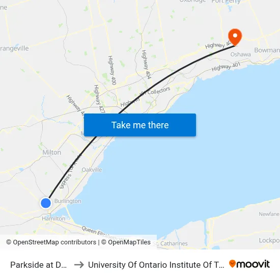 Parkside at Duncan to University Of Ontario Institute Of Technology map