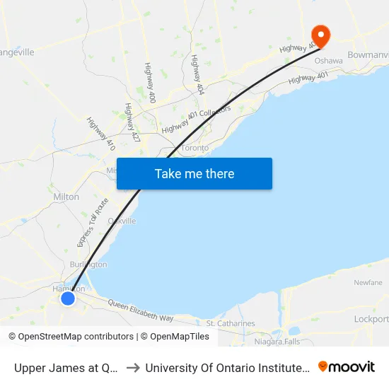 Upper James at Queensdale to University Of Ontario Institute Of Technology map