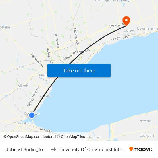 John at Burlington Terminal to University Of Ontario Institute Of Technology map