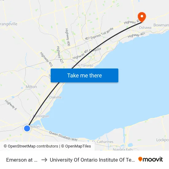 Emerson at Main to University Of Ontario Institute Of Technology map