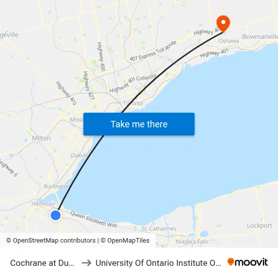 Cochrane at Dundonald to University Of Ontario Institute Of Technology map