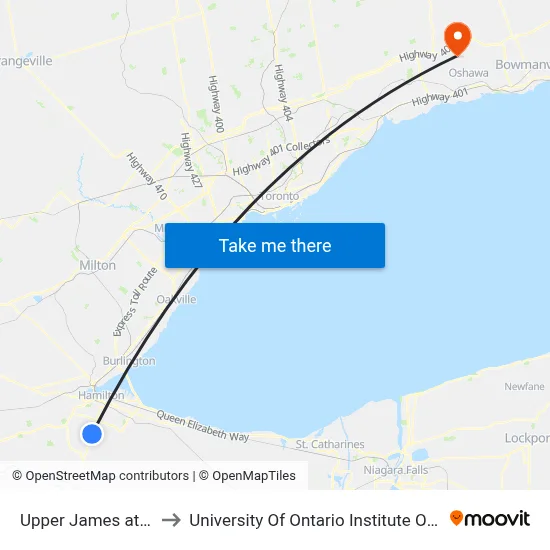Upper James at Twenty to University Of Ontario Institute Of Technology map