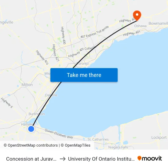 Concession at Juravinski Hospital to University Of Ontario Institute Of Technology map