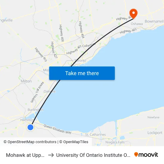 Mohawk at Upper Gage to University Of Ontario Institute Of Technology map