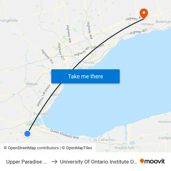 Upper Paradise at Rymal to University Of Ontario Institute Of Technology map