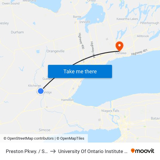 Preston Pkwy. / Shantz Hill to University Of Ontario Institute Of Technology map