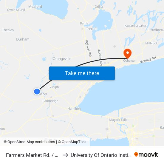 Farmers Market Rd. / St Jacobs Market to University Of Ontario Institute Of Technology map