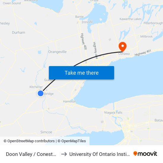 Doon Valley / Conestoga College Blvd. to University Of Ontario Institute Of Technology map