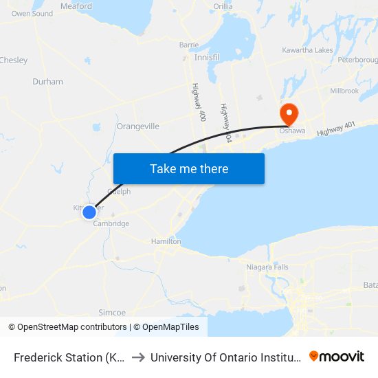 Frederick Station (King / Benton) to University Of Ontario Institute Of Technology map