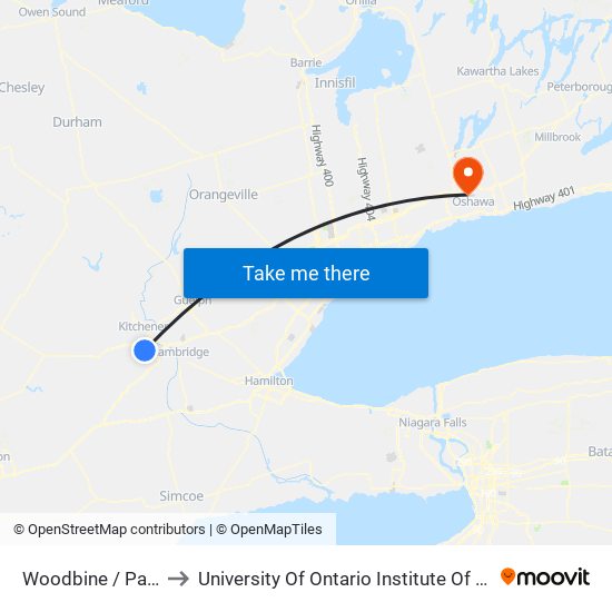 Woodbine / Parkvale to University Of Ontario Institute Of Technology map