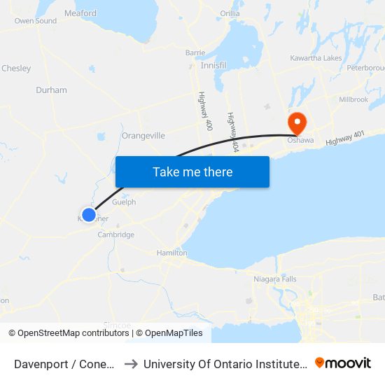 Davenport / Conestoga Mall to University Of Ontario Institute Of Technology map