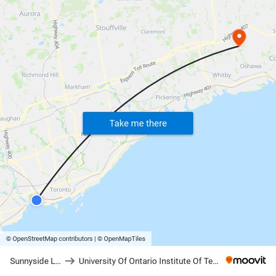 Sunnyside Loop to University Of Ontario Institute Of Technology map