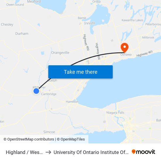 Highland / Westforest to University Of Ontario Institute Of Technology map