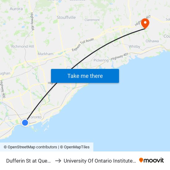 Dufferin St at Queen St West to University Of Ontario Institute Of Technology map