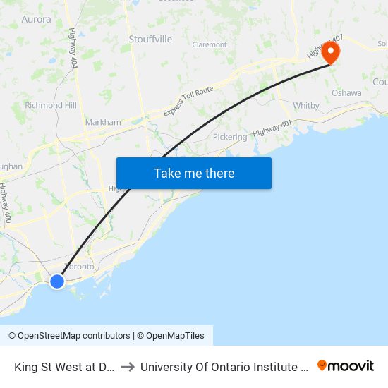 King St West at Dufferin St to University Of Ontario Institute Of Technology map