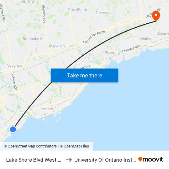 Lake Shore Blvd West at Long Branch Ave to University Of Ontario Institute Of Technology map